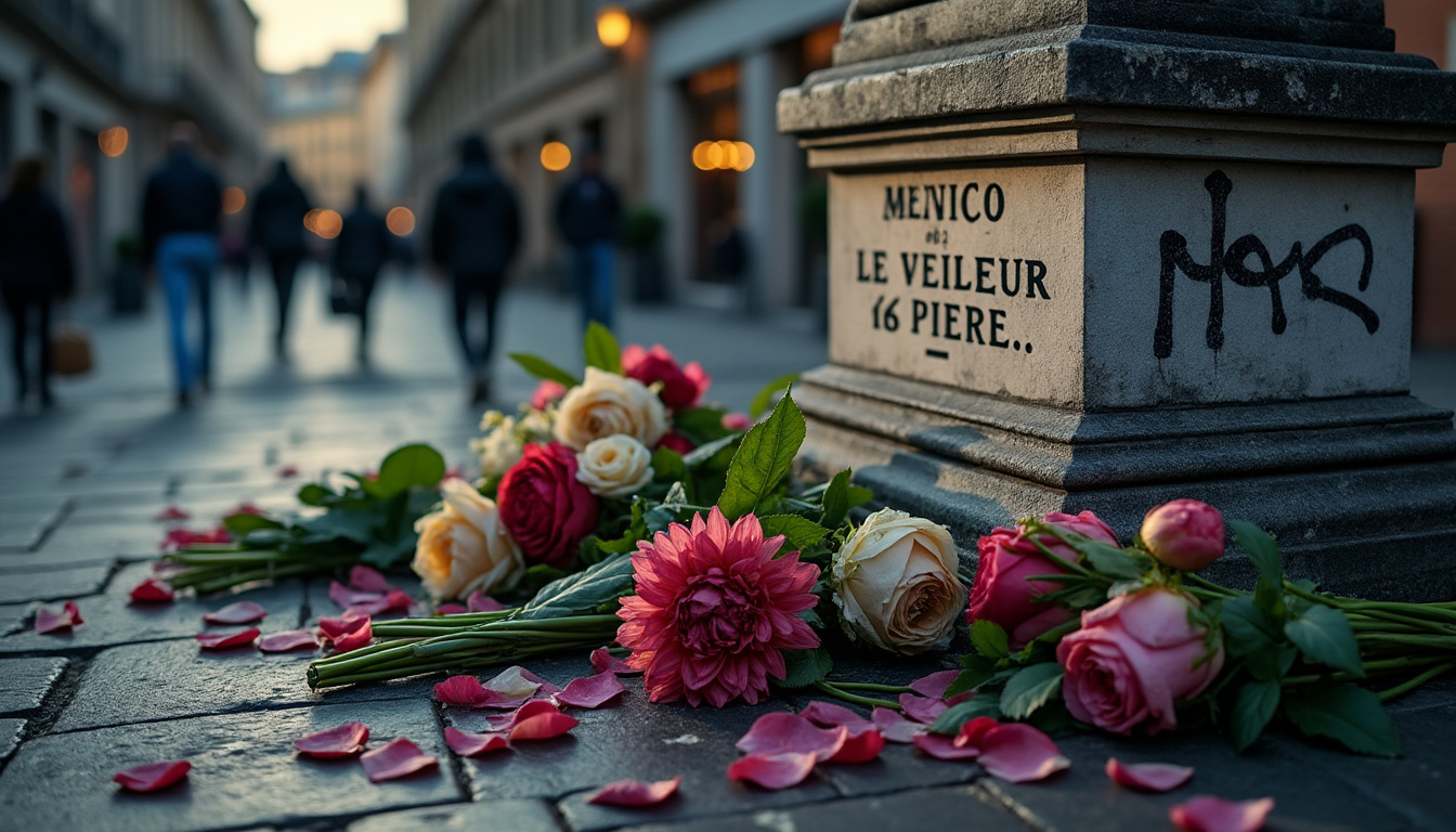 à lyon, des gerbes de fleurs déposées en hommage au veilleur de pierre ont été dégradées par des actes de vandalisme, suscitant l'émotion et la colère dans la communauté locale.